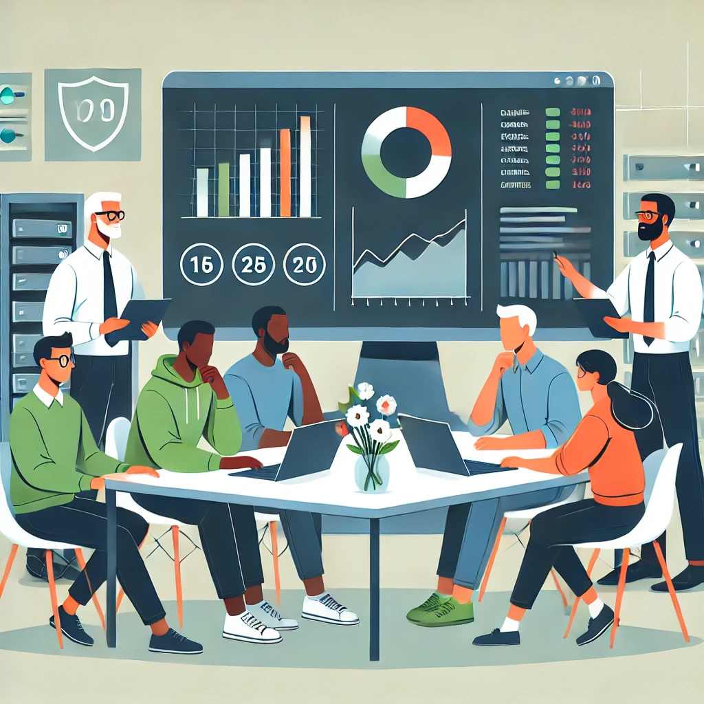 Illustration of a diverse team collaborating on building a successful software product, showcasing technical and planning elements.